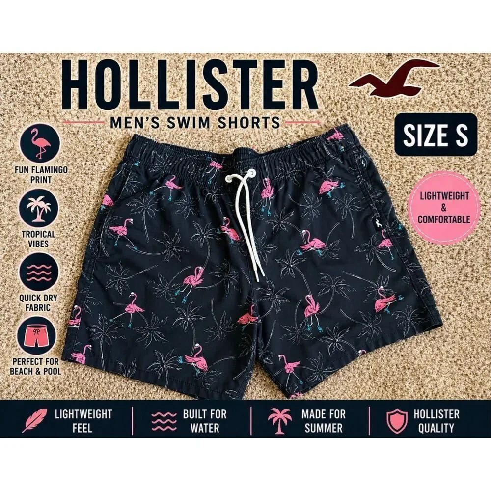 Hollister Men’s Swim Shorts Size S Flamingo Print Tropical Beach